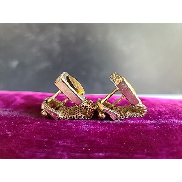 Tiger's Eye Gold Tone Mesh Metal Cufflinks Vintage 1970's - Picture 4 of 10